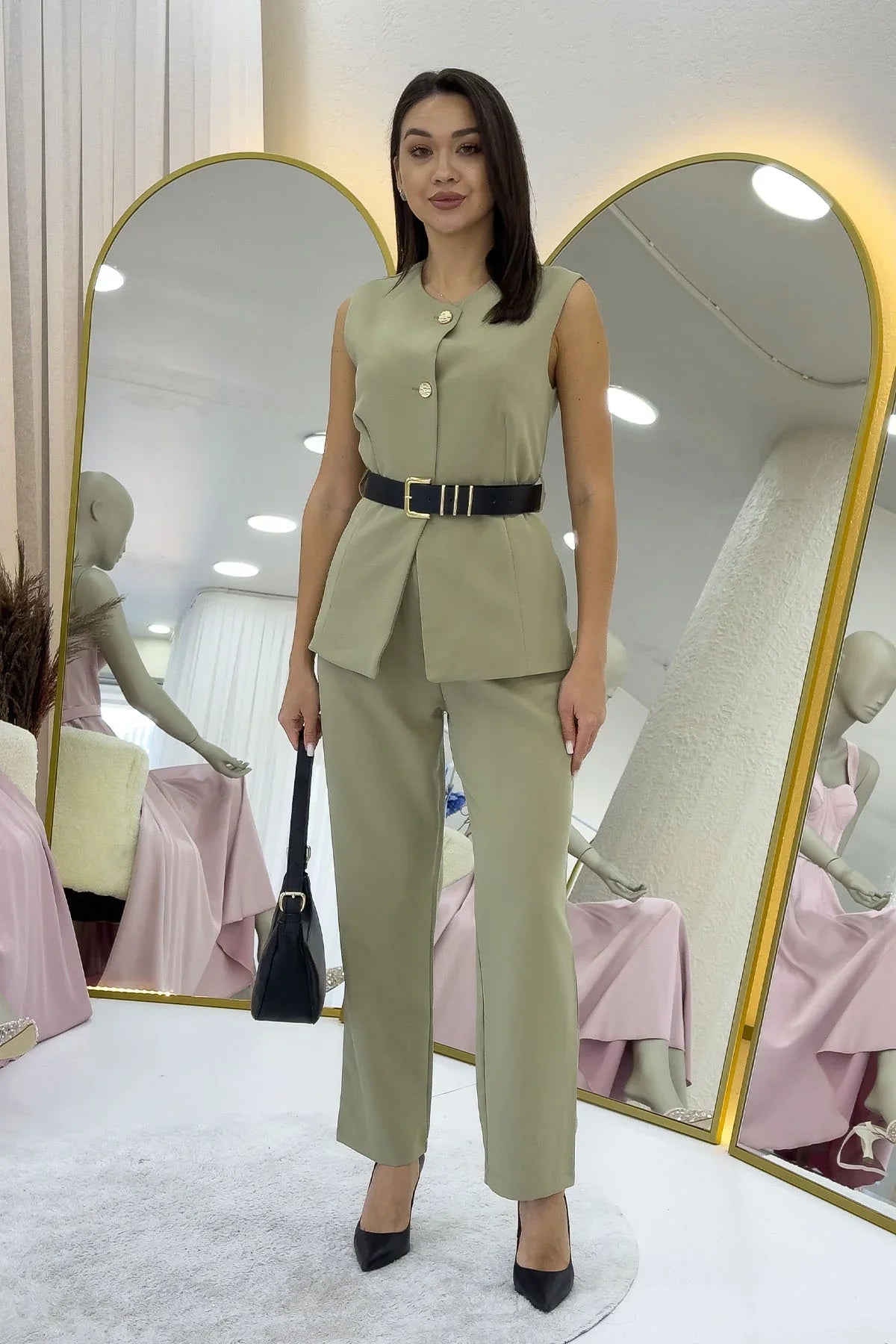 Women's Khaki Bisiklet Neck Belted İkili Co-ord Set