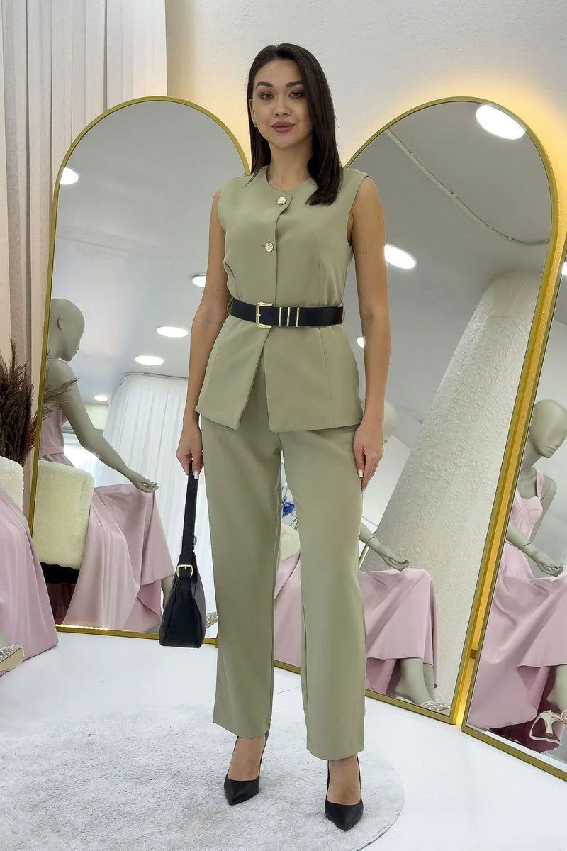 Women's Khaki Bisiklet Neck Belted İkili Co-ord Set