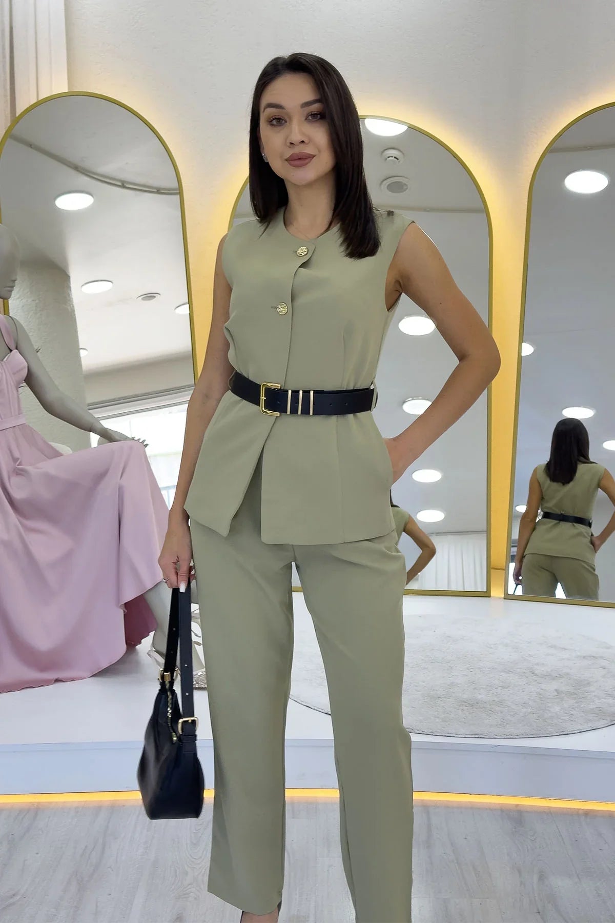 Women's Khaki Bisiklet Neck Belted İkili Co-ord Set