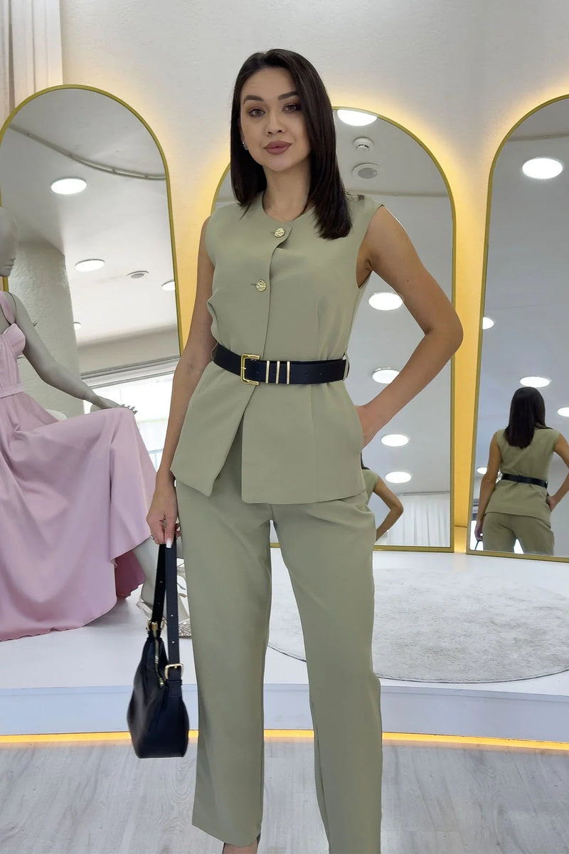 Women's Khaki Bisiklet Neck Belted İkili Co-ord Set