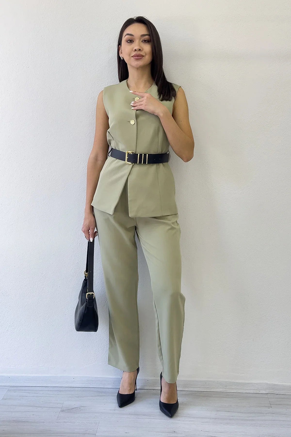 Women's Khaki Bisiklet Neck Belted İkili Co-ord Set