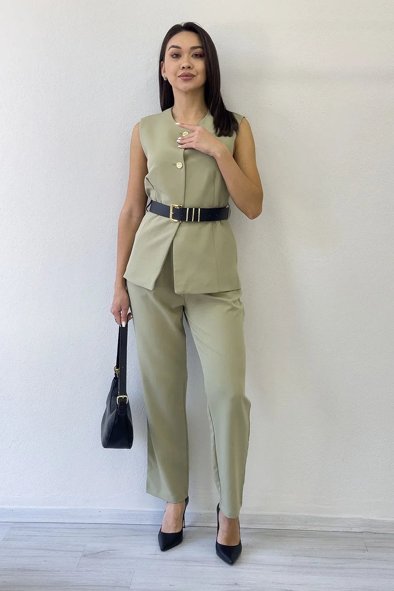 Women's Khaki Bisiklet Neck Belted İkili Co-ord Set