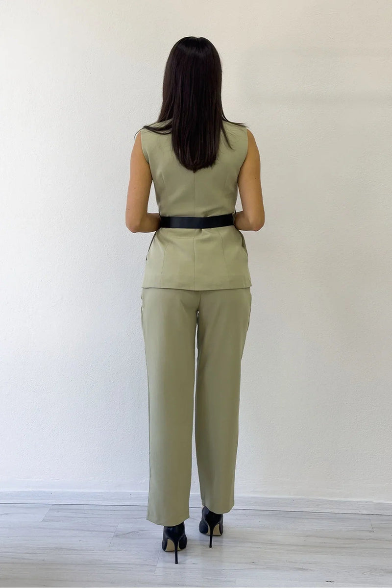 Women's Khaki Bisiklet Neck Belted İkili Co-ord Set