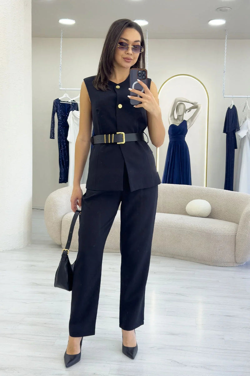 Women's Black Bisiklet Neck Belted İkili Co-ord Set