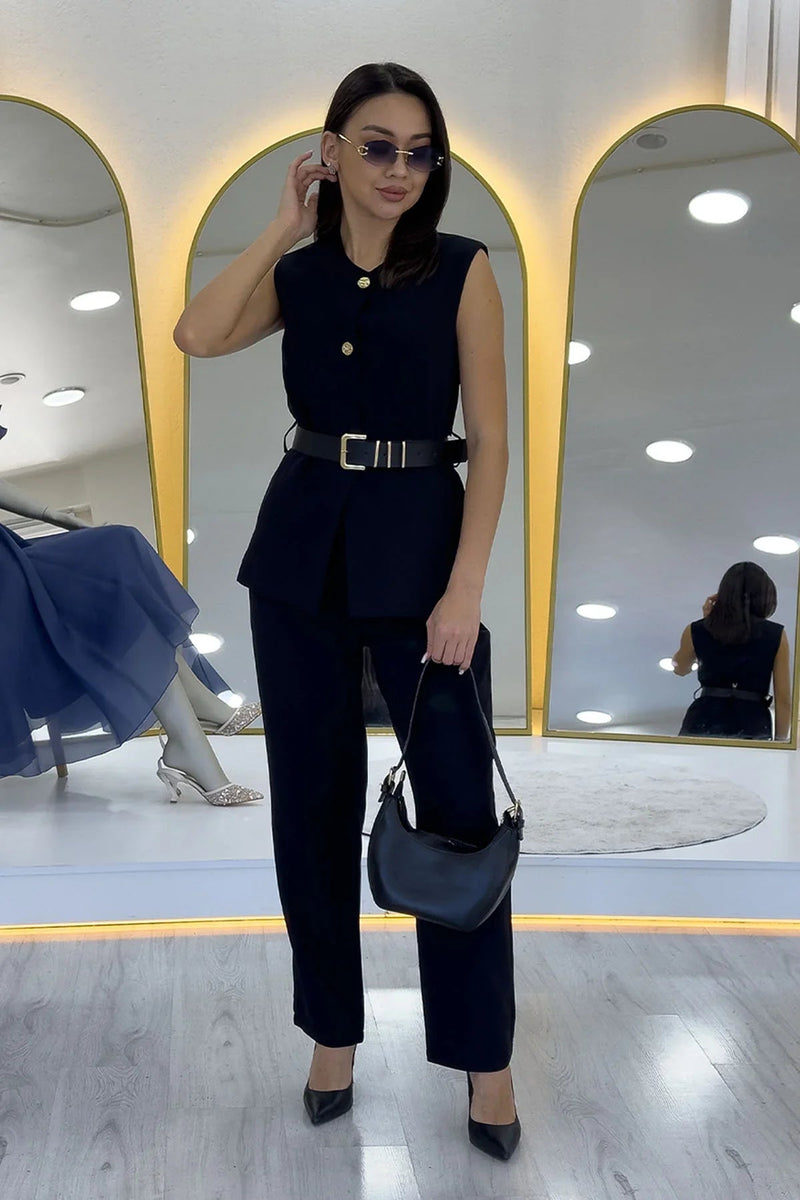 Women's Black Bisiklet Neck Belted İkili Co-ord Set