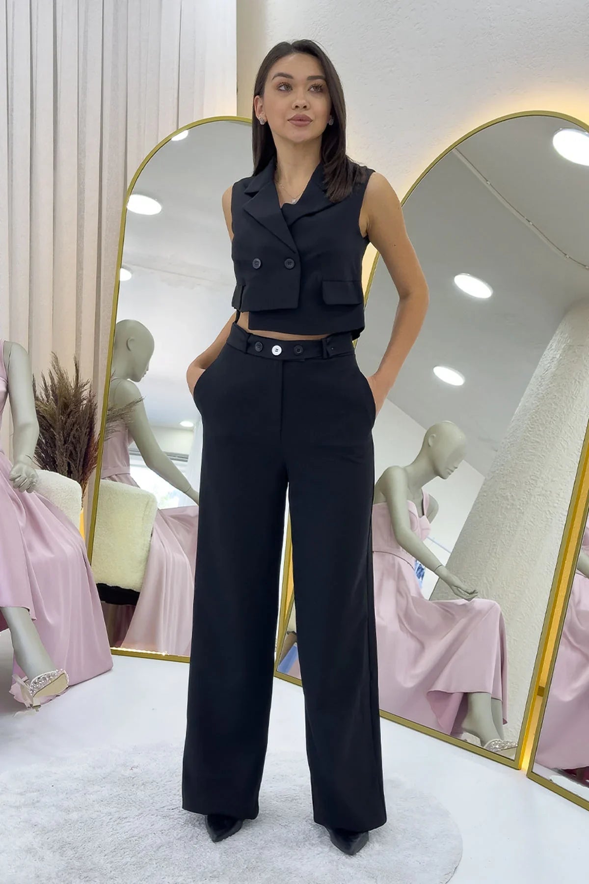 Women's Black Asymmetric Vest Pants İkili Co-ord Set