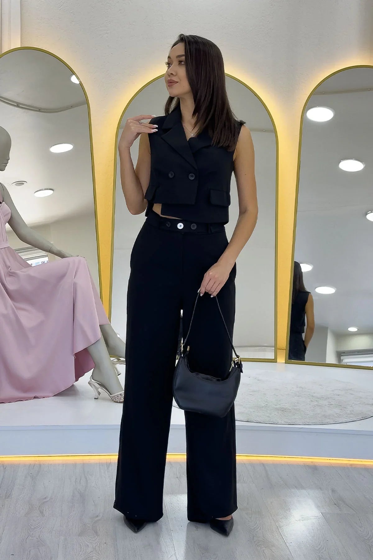 Women's Black Asymmetric Vest Pants İkili Co-ord Set