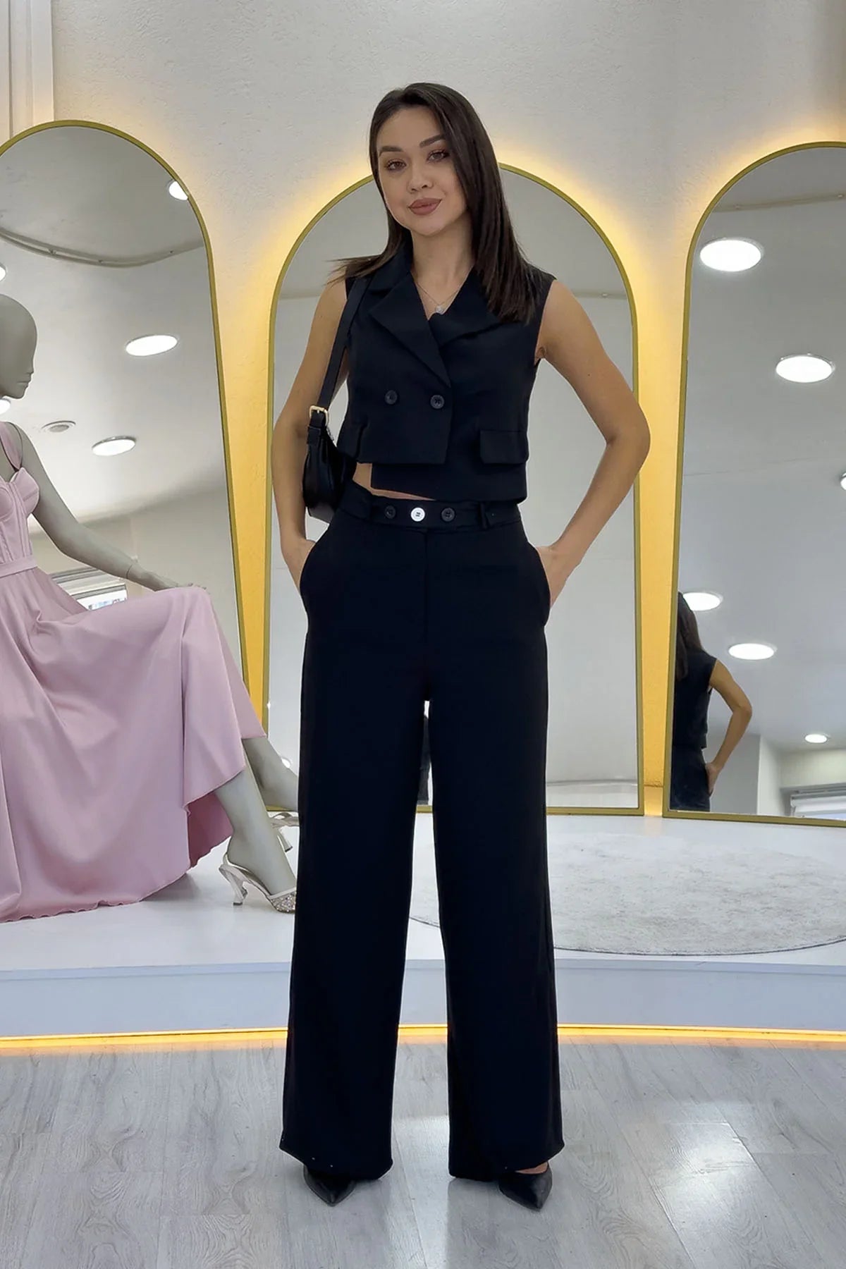 Women's Black Asymmetric Vest Pants İkili Co-ord Set