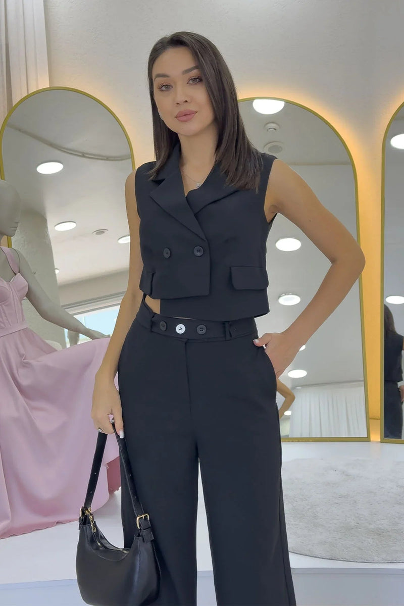Women's Black Asymmetric Vest Pants İkili Co-ord Set