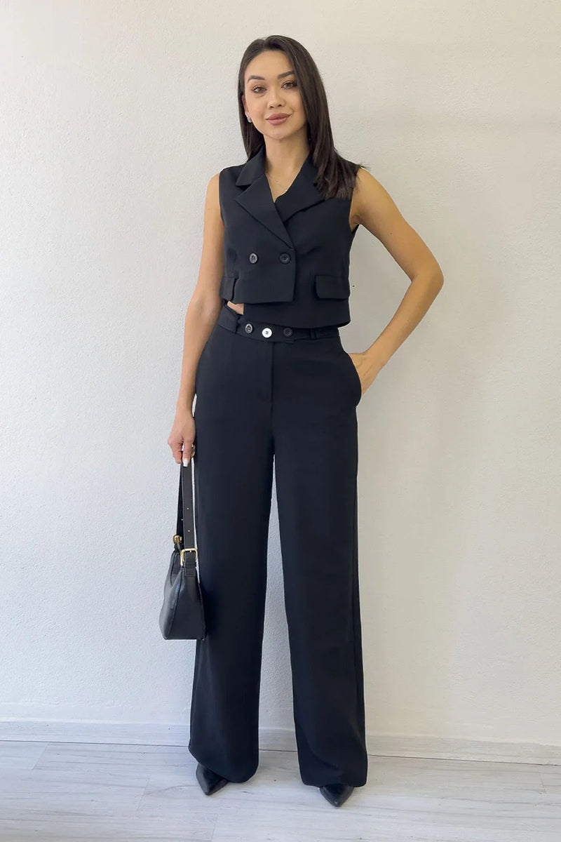 Women's Black Asymmetric Vest Pants İkili Co-ord Set