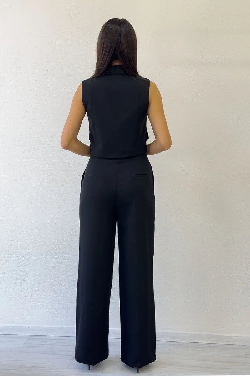 Women's Black Asymmetric Vest Pants İkili Co-ord Set