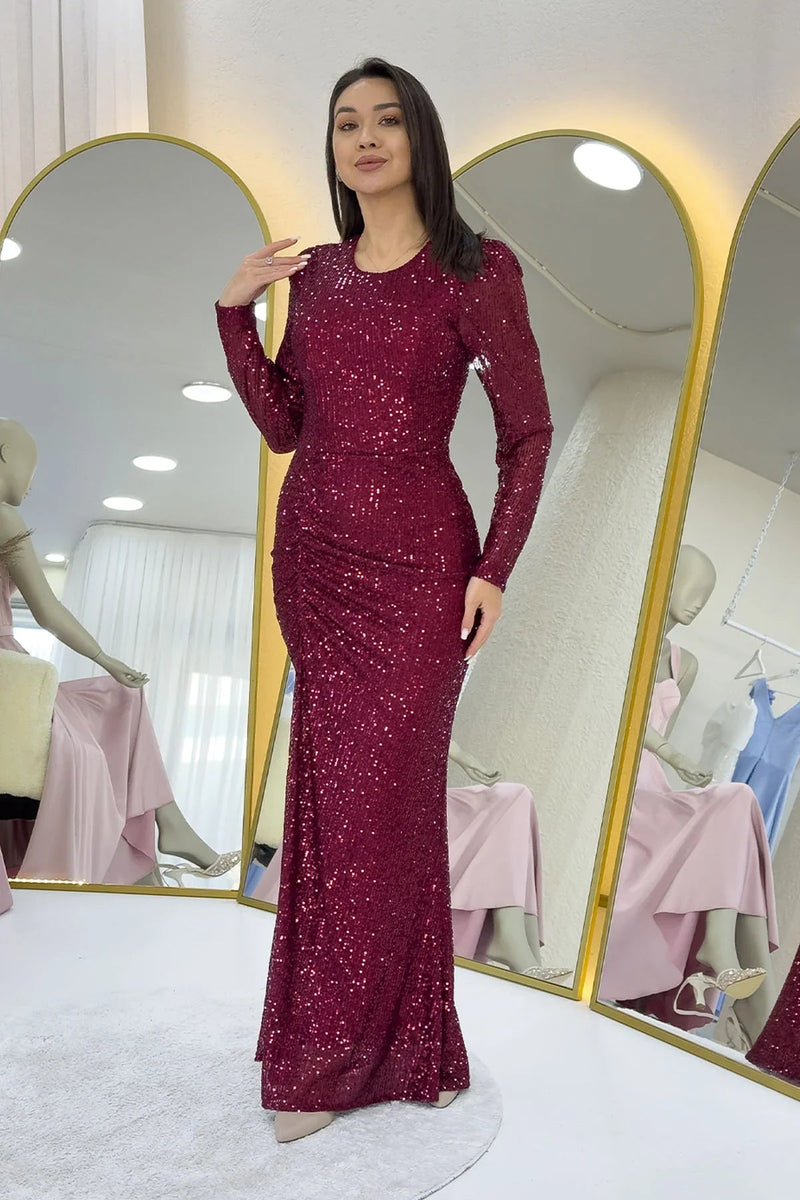 Women's Burgundy Long Sleeve Bisiklet Neck Sequin Draped Evening Gown
