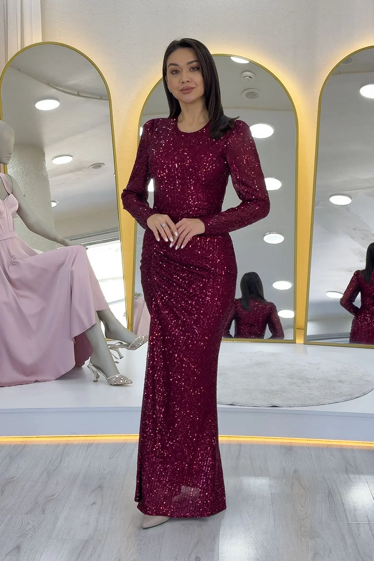 Women's Burgundy Long Sleeve Bisiklet Neck Sequin Draped Evening Gown
