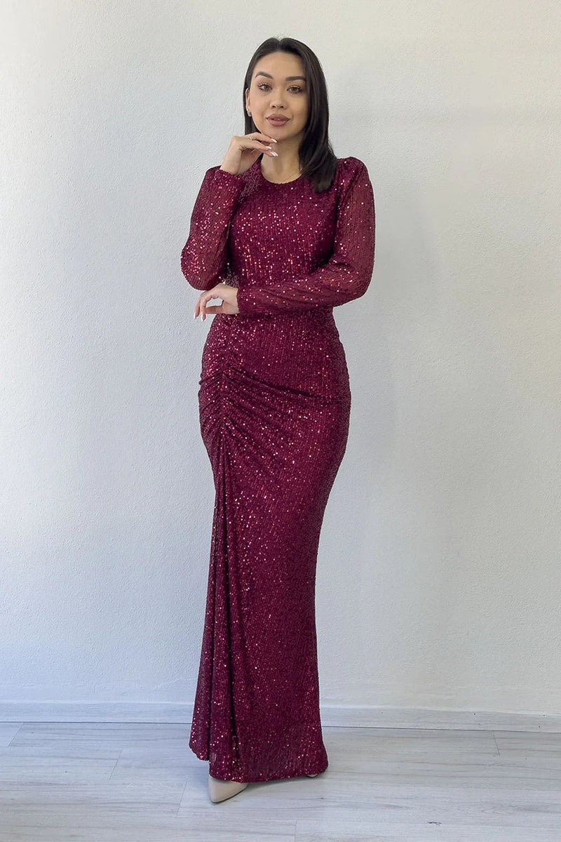 Women's Burgundy Long Sleeve Bisiklet Neck Sequin Draped Evening Gown