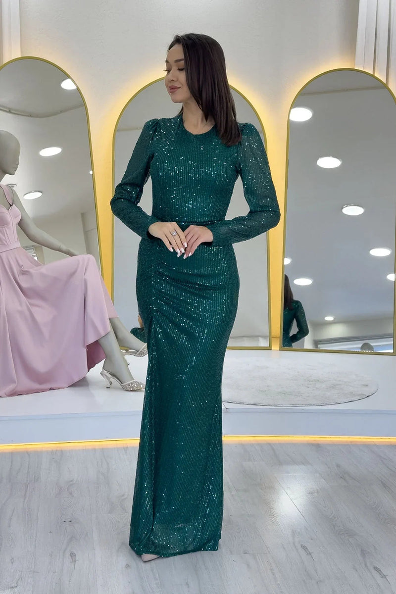 Women's Green Long Sleeve Bisiklet Neck Sequin Draped Evening Gown