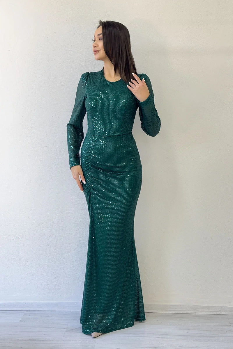 Women's Green Long Sleeve Bisiklet Neck Sequin Draped Evening Gown
