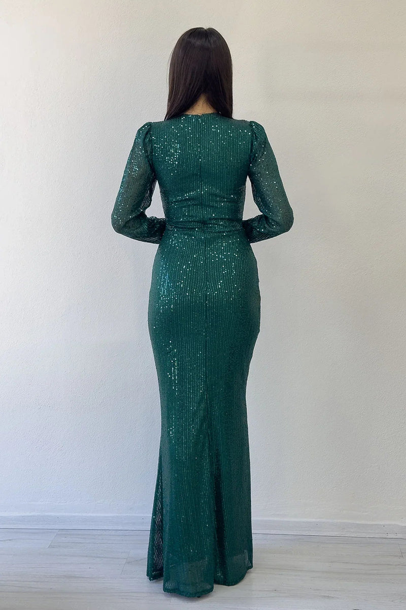 Women's Green Long Sleeve Bisiklet Neck Sequin Draped Evening Gown