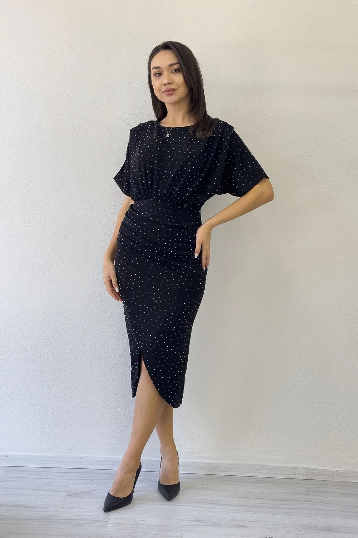 Women's Black Crystal Embellished Batwing Sleeve Anvelop Dress