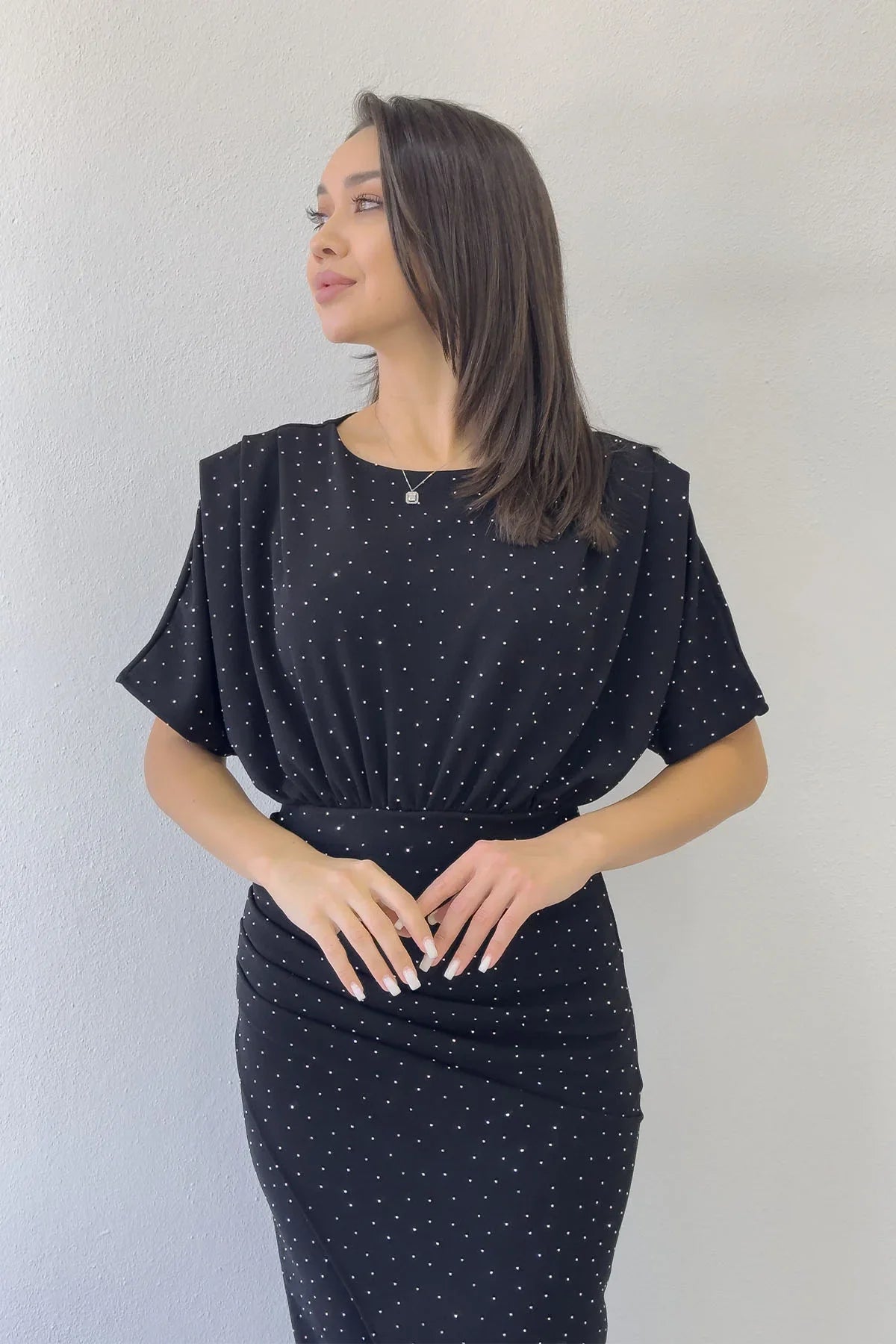 Women's Black Crystal Embellished Batwing Sleeve Anvelop Dress