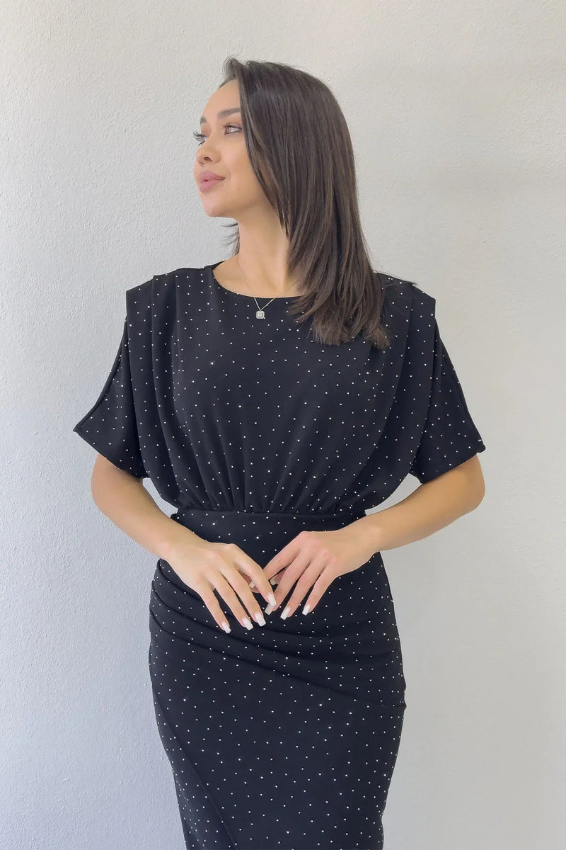 Women's Black Crystal Embellished Batwing Sleeve Anvelop Dress