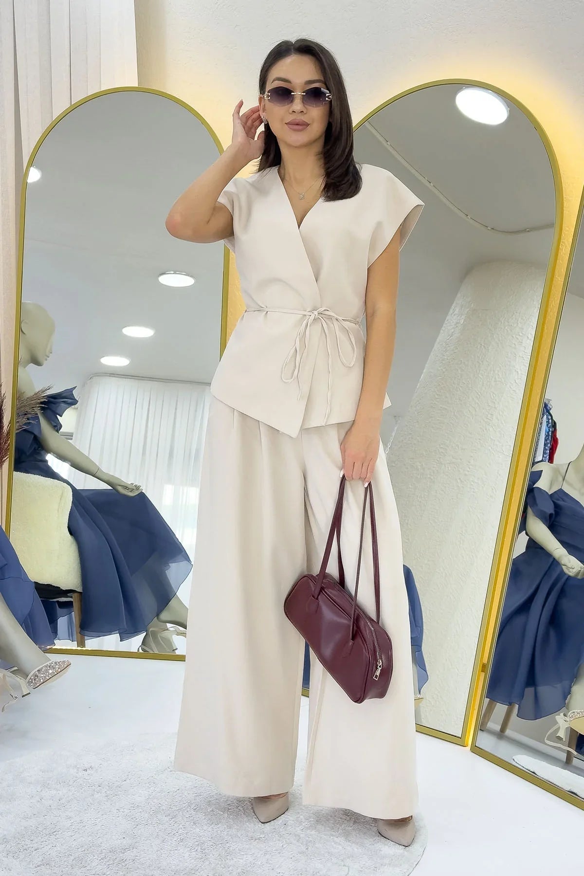 Women's Krem Bol Paça Dökümlü Tie Vest Pants Two-Piece Set