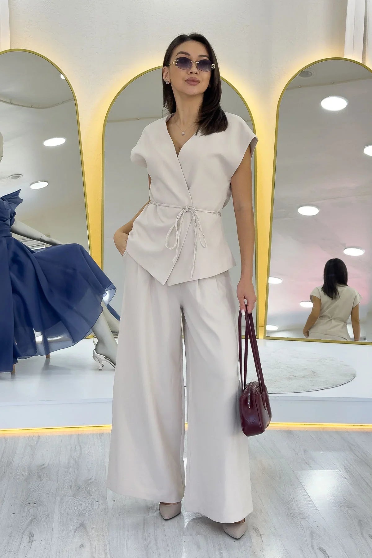 Women's Krem Bol Paça Dökümlü Tie Vest Pants Two-Piece Set