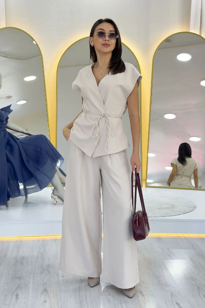 Women's Krem Bol Paça Dökümlü Tie Vest Pants Two-Piece Set