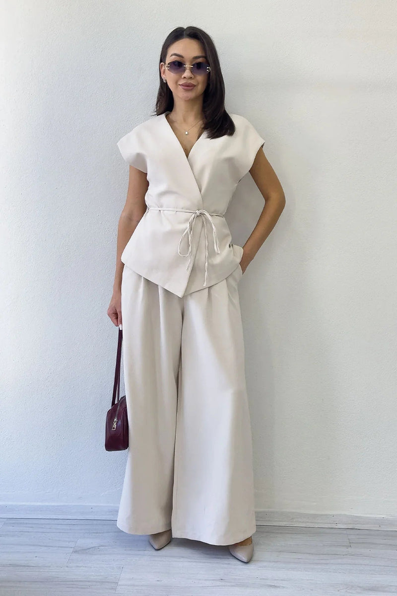 Women's Krem Bol Paça Dökümlü Tie Vest Pants Two-Piece Set