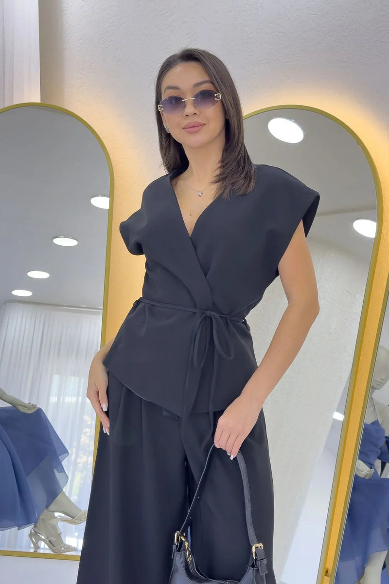 Women's Black Bol Paça Dökümlü Tie Vest Pants Two-Piece Set