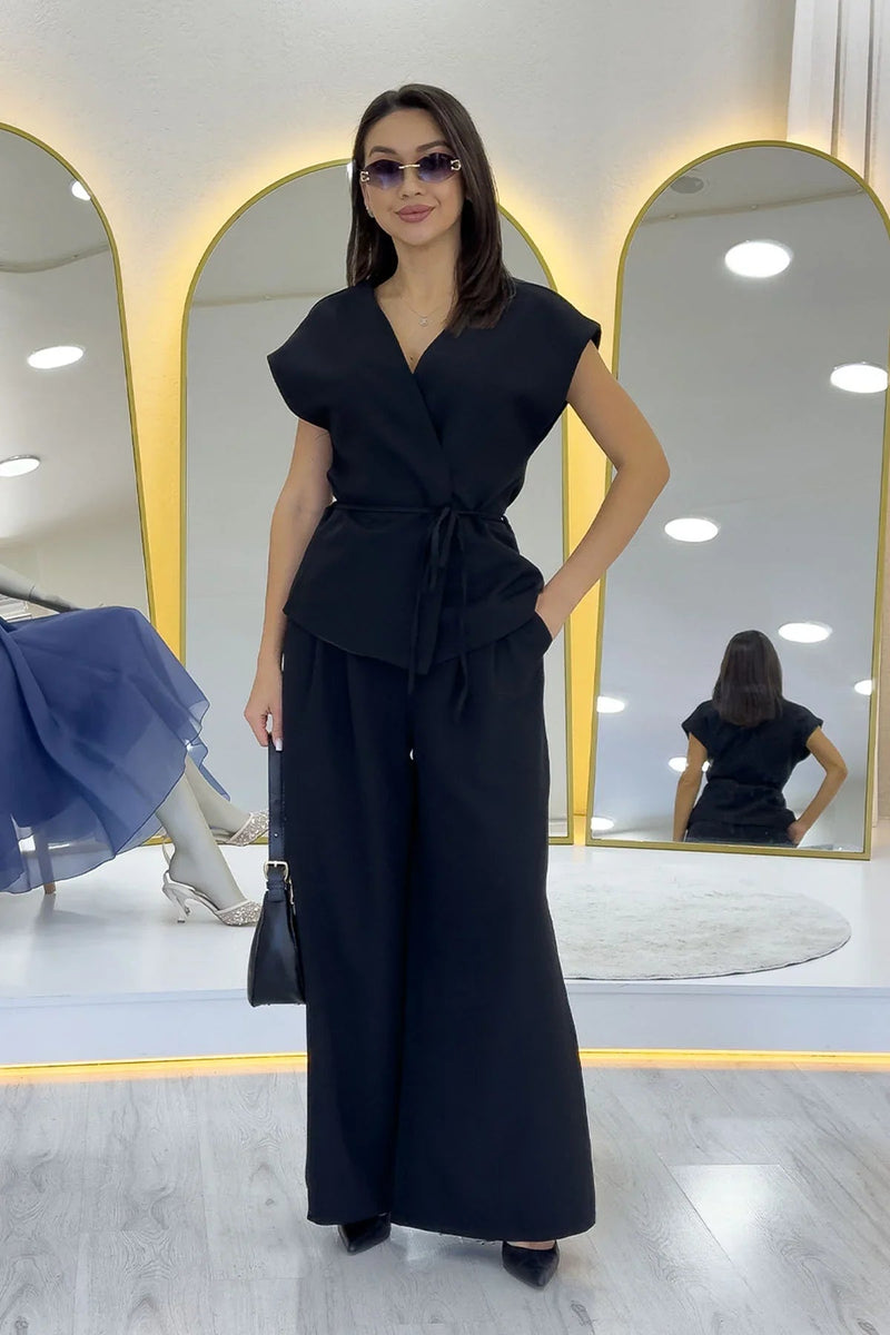 Women's Black Bol Paça Dökümlü Tie Vest Pants Two-Piece Set