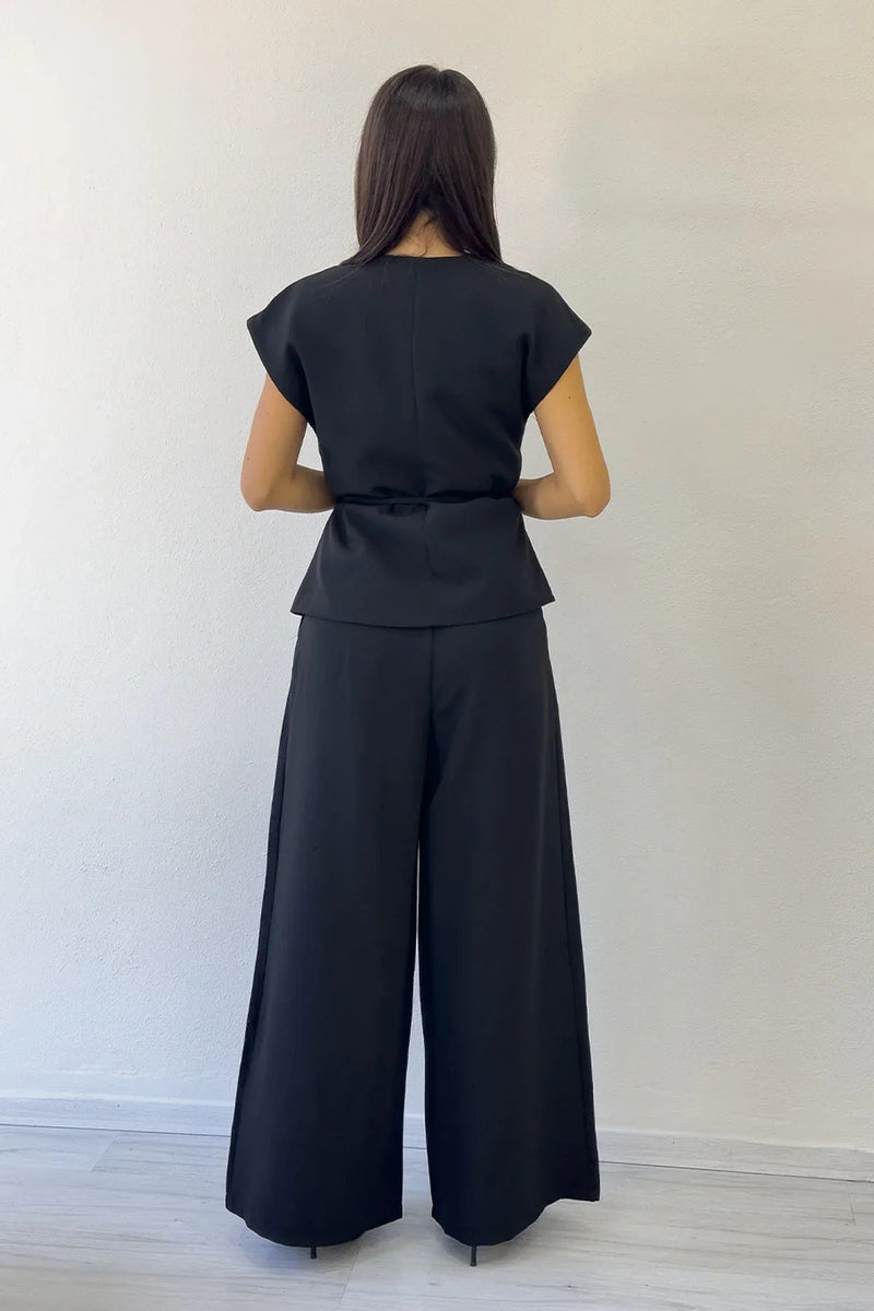 Women's Black Bol Paça Dökümlü Tie Vest Pants Two-Piece Set
