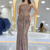 Gold Strapless Sequin Evening Dress