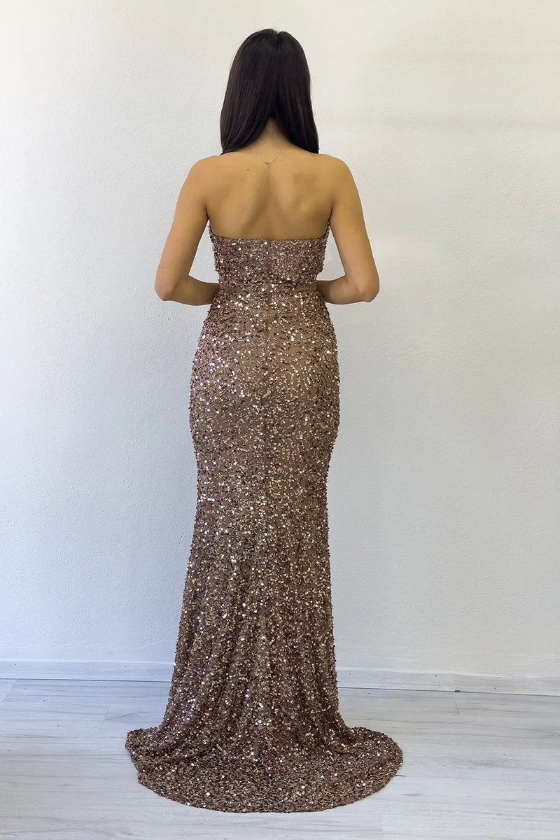 Women's Gold Strapless Bel Decollete Sequin Evening Gown