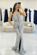 Silver Strapless Sequin Evening Dress