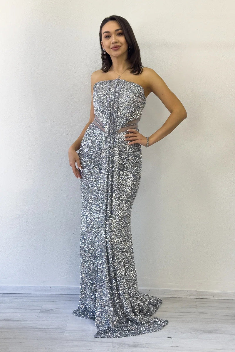 Silver Strapless Sequin Evening Dress