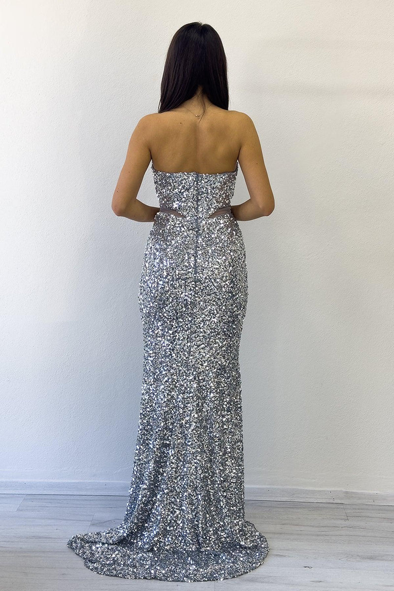 Silver Strapless Sequin Evening Dress