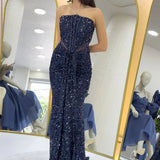 Navy Blue Strapless Sequin Evening Dress