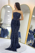 Navy Blue Strapless Sequin Evening Dress