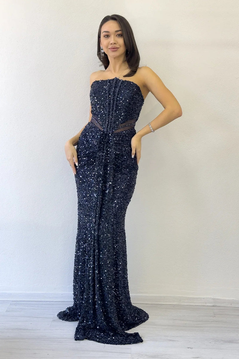 Women's Navy Blue Strapless Bel Decollete Sequin Evening Gown