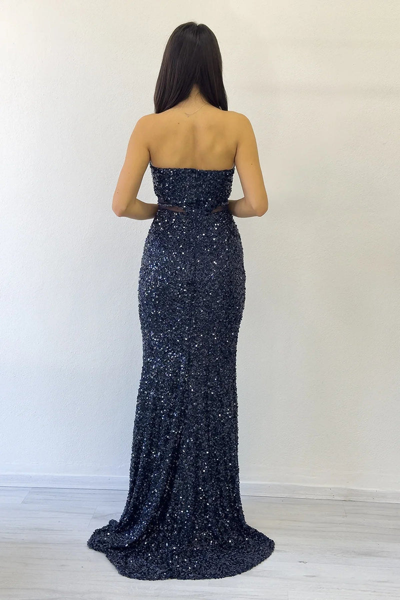 Women's Navy Blue Strapless Bel Decollete Sequin Evening Gown