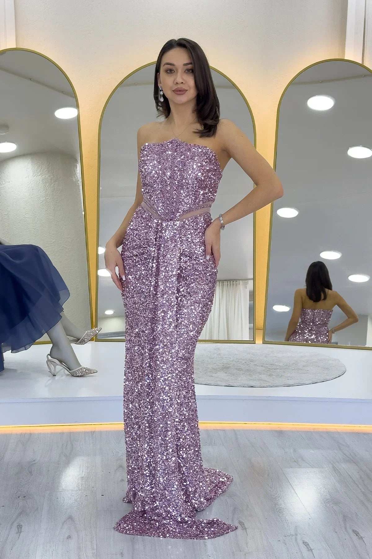 Women's Powder Pink Strapless Bel Decollete Sequin Evening Gown