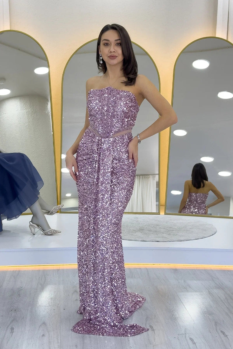 Women's Powder Pink Strapless Bel Decollete Sequin Evening Gown