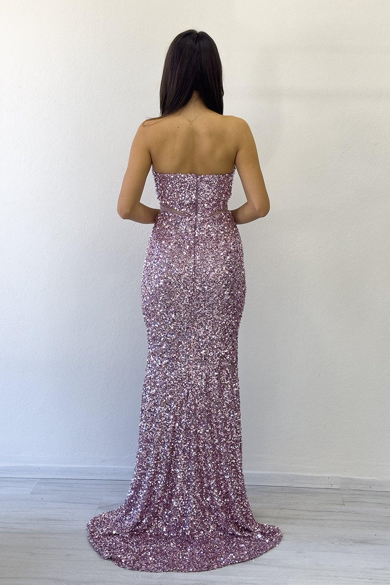 Women's Powder Pink Strapless Bel Decollete Sequin Evening Gown