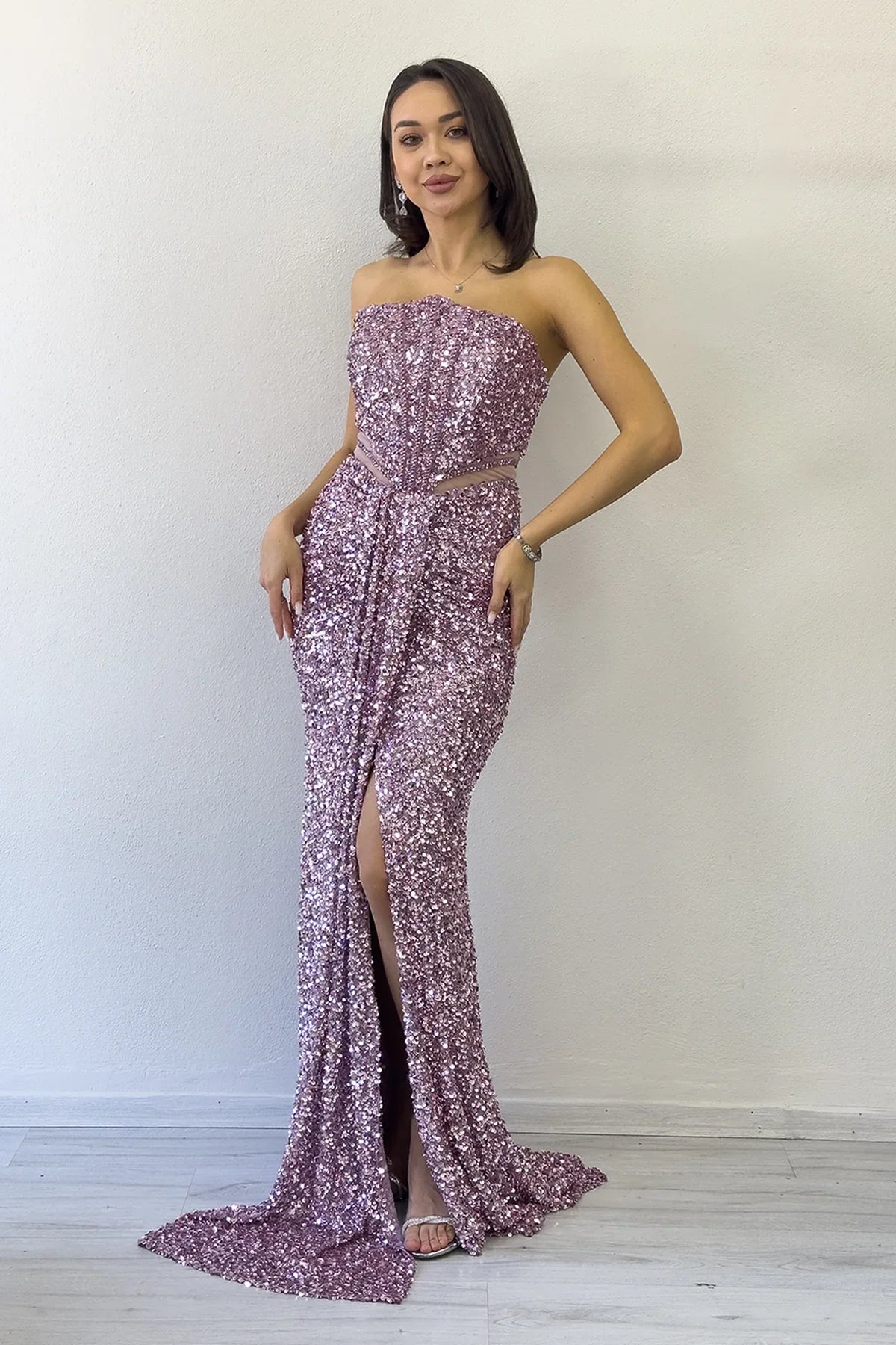 Women's Powder Pink Strapless Bel Decollete Sequin Evening Gown