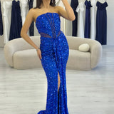 Saxe Blue Strapless Sequin Evening Dress