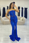 Saxe Blue Strapless Sequin Evening Dress