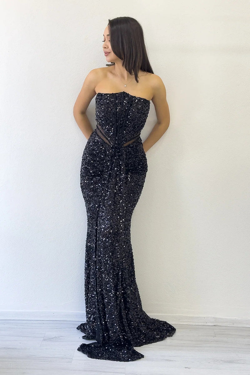 Women's Black Strapless Bel Decollete Sequin Evening Gown