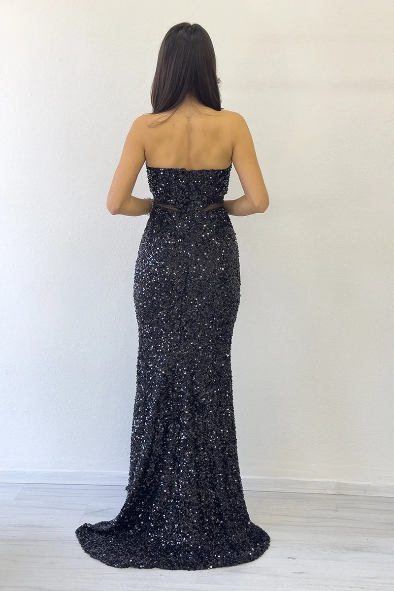 Women's Black Strapless Bel Decollete Sequin Evening Gown