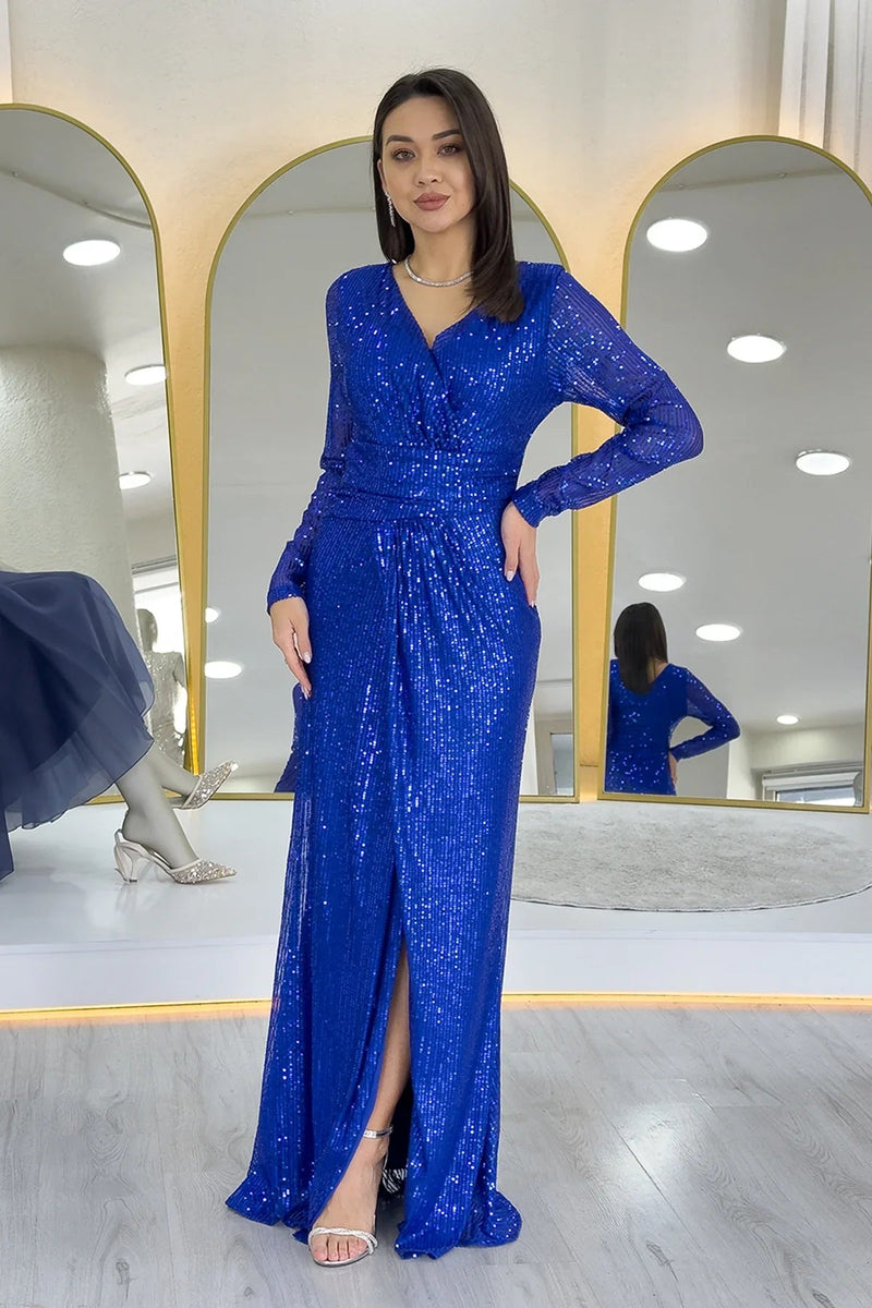 Women's Saxe Blue Wrap Neck Sequin Long Evening Gown