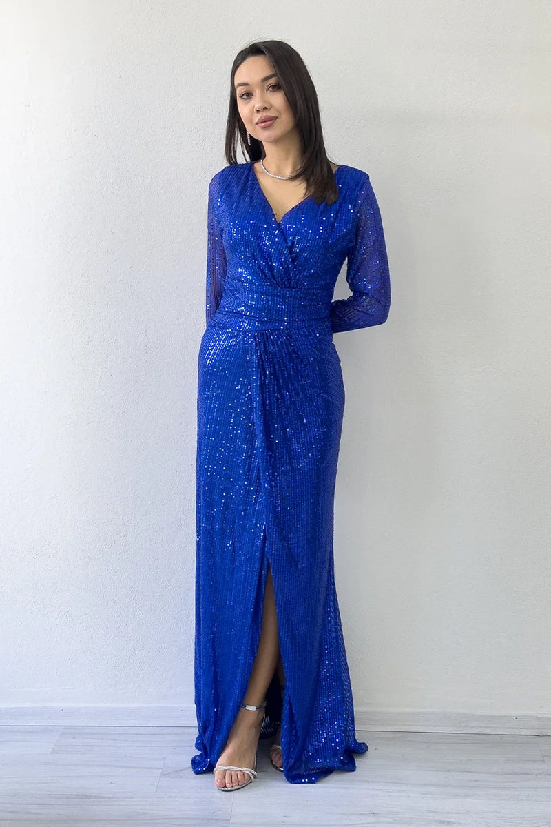 Women's Saxe Blue Wrap Neck Sequin Long Evening Gown